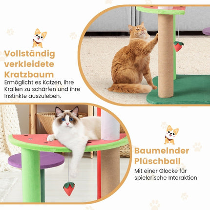 Small cat tree with platforms & strawberry ball & scratching post. Cute fruit theme cat tree