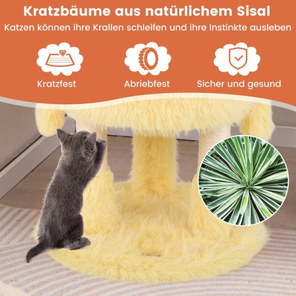 Small scratching post 93cm high monster theme cat tree with 2 cat caves pink + yellow