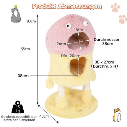 Small scratching post 93cm high monster theme cat tree with 2 cat caves pink + yellow