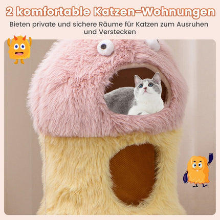 Small scratching post 93cm high monster theme cat tree with 2 cat caves pink + yellow