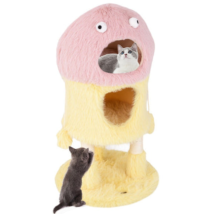 Small scratching post 93cm high monster theme cat tree with 2 cat caves pink + yellow
