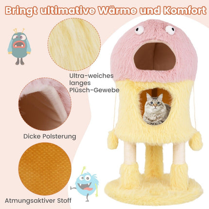Small scratching post 93cm high monster theme cat tree with 2 cat caves pink + yellow