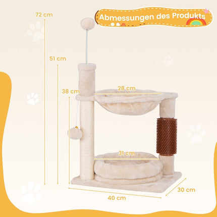 Small scratching post cat tree with hammock & bed & sisal posts & cat brush beige 40 x 30 x 72 cm