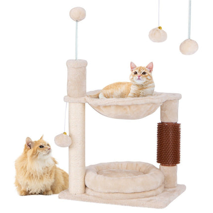 Small scratching post cat tree with hammock & bed & sisal posts & cat brush beige 40 x 30 x 72 cm
