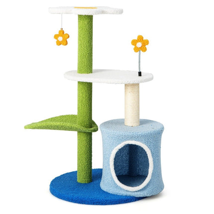 Small scratching post with flower-shaped seat & 2 balls & leaf-shaped climbing tower green + blue