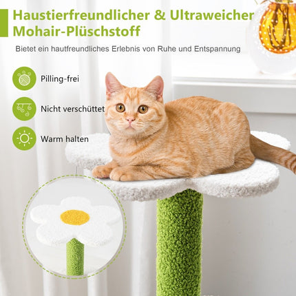 Small scratching post with flower-shaped seat & 2 balls & leaf-shaped climbing tower green + blue