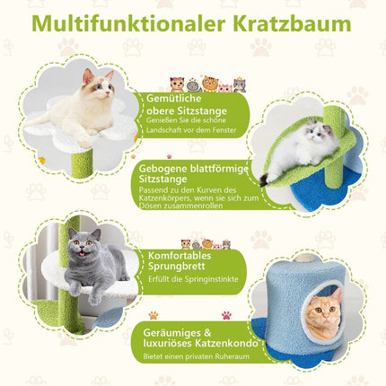 Small scratching post with flower-shaped seat & 2 balls & leaf-shaped climbing tower green + blue