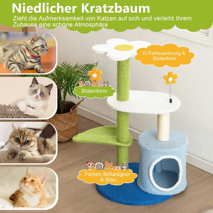 Small scratching post with flower-shaped seat & 2 balls & leaf-shaped climbing tower green + blue