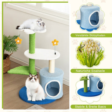 Small scratching post with flower-shaped seat & 2 balls & leaf-shaped climbing tower green + blue