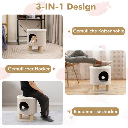Petit griffoir avec siège moelleux, 3 griffoirs en sisal et tabouret boule 40 x 40 x 47 cm beige