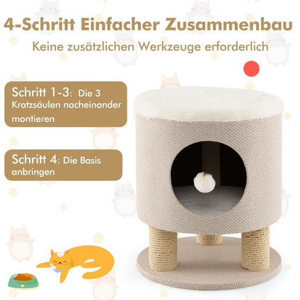 Petit griffoir avec siège moelleux, 3 griffoirs en sisal et tabouret boule 40 x 40 x 47 cm beige