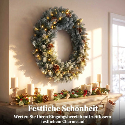 Snow-Flocked Christmas Wreath 60 cm with 50 LEDs, Pine Cones, 8 Light Modes