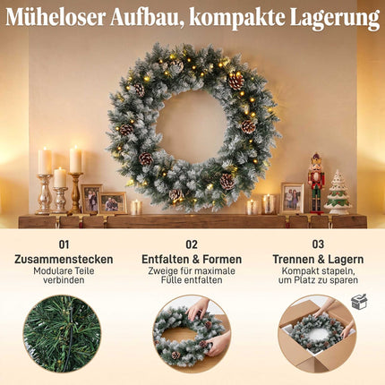 Snow-Flocked Christmas Wreath 60 cm with 50 LEDs, Pine Cones, 8 Light Modes