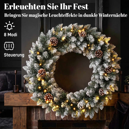 Snow-Flocked Christmas Wreath 60 cm with 50 LEDs, Pine Cones, 8 Light Modes