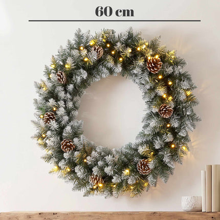 Snow-Flocked Christmas Wreath 60 cm with 50 LEDs, Pine Cones, 8 Light Modes
