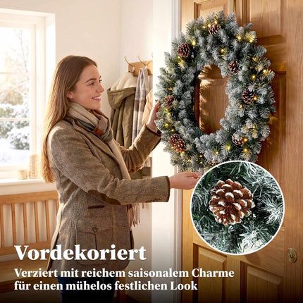 Snow-Flocked Christmas Wreath 60 cm with 50 LEDs, Pine Cones, 8 Light Modes