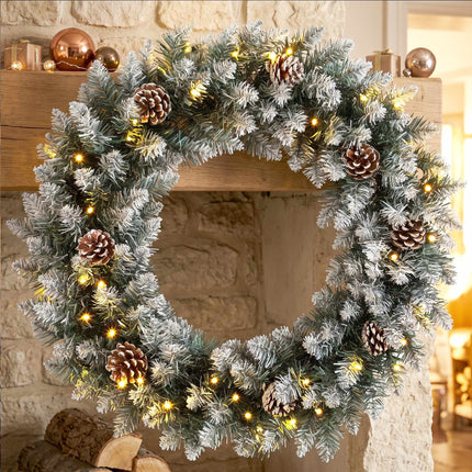 Snow-Flocked Christmas Wreath 60 cm with 50 LEDs, Pine Cones, 8 Light Modes