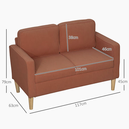 Canapé 2 places petit canapé avec accoudoirs, espace de rangement, canapé rembourré moderne aspect corde, pieds en bois, coussins, canapé lounge pour salon, chambre, 117 x 63 x 79 cm, rose
