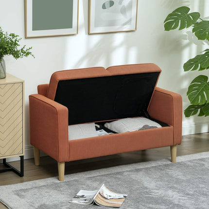 Canapé 2 places petit canapé avec accoudoirs, espace de rangement, canapé rembourré moderne aspect corde, pieds en bois, coussins, canapé lounge pour salon, chambre, 117 x 63 x 79 cm, rose