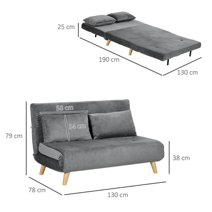 Gray velvet 2-seater sofa bed with adjustable backrest