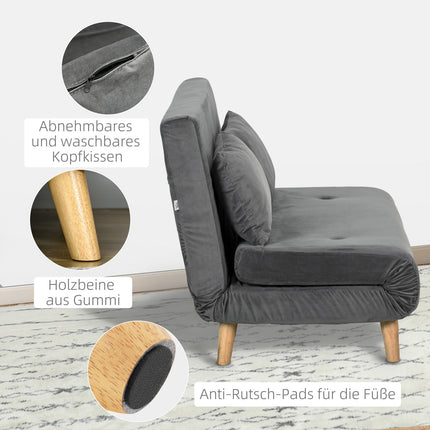 Gray velvet 2-seater sofa bed with adjustable backrest