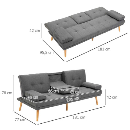 Dunkelgraues 3-Sitzer Schlafsofa mit Klapptisch & Getränkehalter