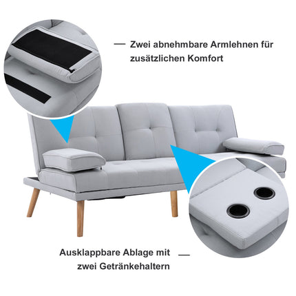 Light gray sofa bed in linen, 3-seater, 181x77x72 cm