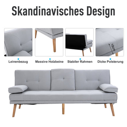 Light gray sofa bed in linen, 3-seater, 181x77x72 cm