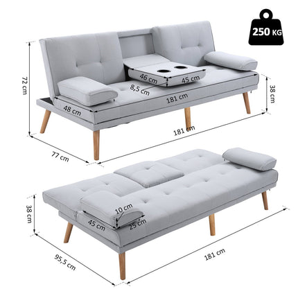 Light gray sofa bed in linen, 3-seater, 181x77x72 cm