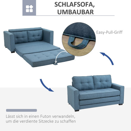 Sofa bed in blue fabric with sleeping function, 2-seater