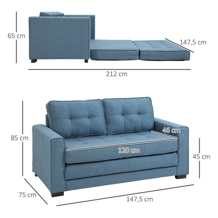 Sofa bed in blue fabric with sleeping function, 2-seater