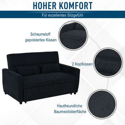 Black 2-seater folding sofa bed in fabric with sleep function