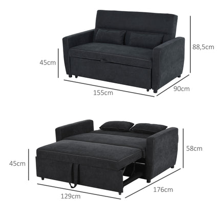 Black 2-seater folding sofa bed in fabric with sleep function