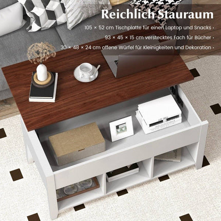 Sofa table with lifting plate storage space & 3 open shelves, height adjustable 104.5 x 49 x 48-62.5 cm white