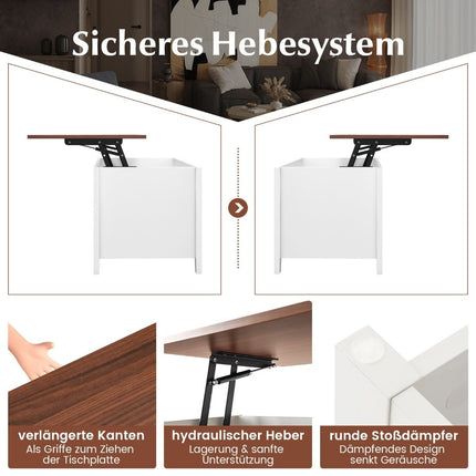 Sofa table with lifting plate storage space & 3 open shelves, height adjustable 104.5 x 49 x 48-62.5 cm white