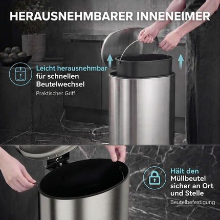 Soft-Close Pedal Bin 30 L with Removable Inner Bucket, Silver, Stay-Open Lid