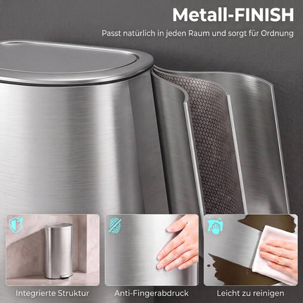 Soft-Close Pedal Bin 30 L with Removable Inner Bucket, Silver, Stay-Open Lid