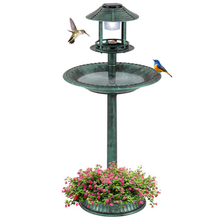 Solar-Vogeltränke mit Futterstation & Pflanzgefäß – LED-Licht, Grün
