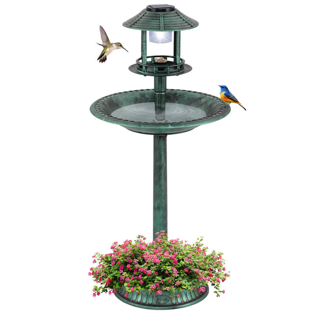 Solar-Vogeltränke mit Futterstation & Pflanzgefäß – LED-Licht, Grün