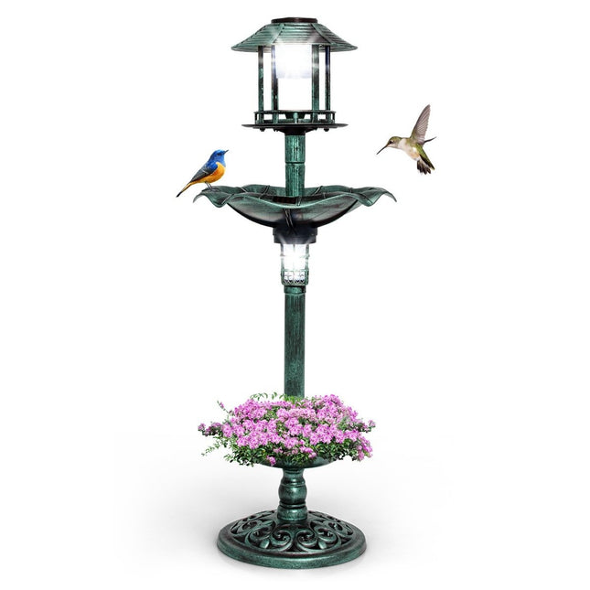 Vogeltränke mit Futterstelle und Pflanzschale – Solarbetrieben, 43x110 cm Grün