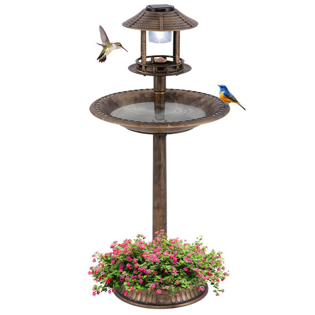 Solar-Vogelbad mit Futterstation und Pflanzgefäß – Bronze-Finish