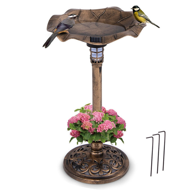 Solar-Vogelbad mit LED-Licht, Futterspender & Pflanzgefäß, Bronze, Ø43x76cm