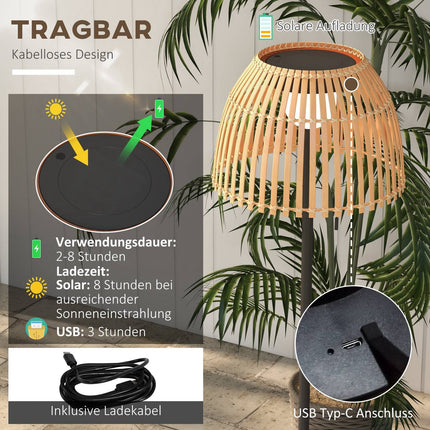 Solar-LED-Stehleuchte – Bambus, dimmbar, USB-aufladbar
