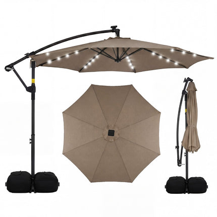 Solar LED Cantilever Umbrella, 360 Rotating, Brown, 300x240 cm