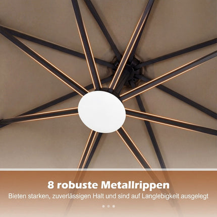 Solar LED Cantilever Umbrella, 360 Rotating, Brown, 300x240 cm