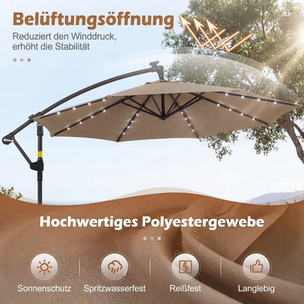 Solar LED Cantilever Umbrella, 360 Rotating, Brown, 300x240 cm