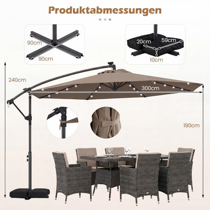 Solar LED Cantilever Umbrella, 360 Rotating, Brown, 300x240 cm