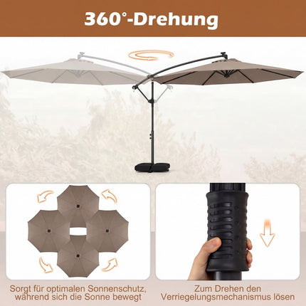 Solar LED Cantilever Umbrella, 360 Rotating, Brown, 300x240 cm