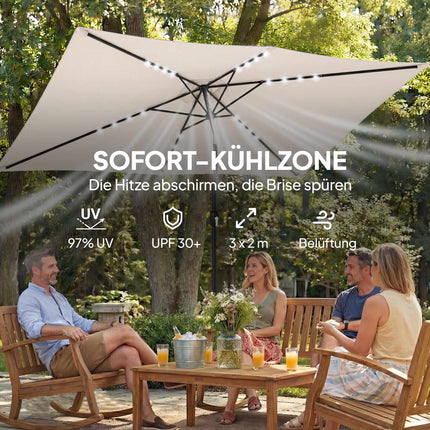 Solární LED zahradní slunečník, krémová, UPF 30+, náklon a klika