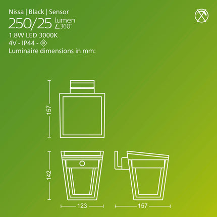 Solar LED Wall Light, Dual Brightness, Black, IP44
